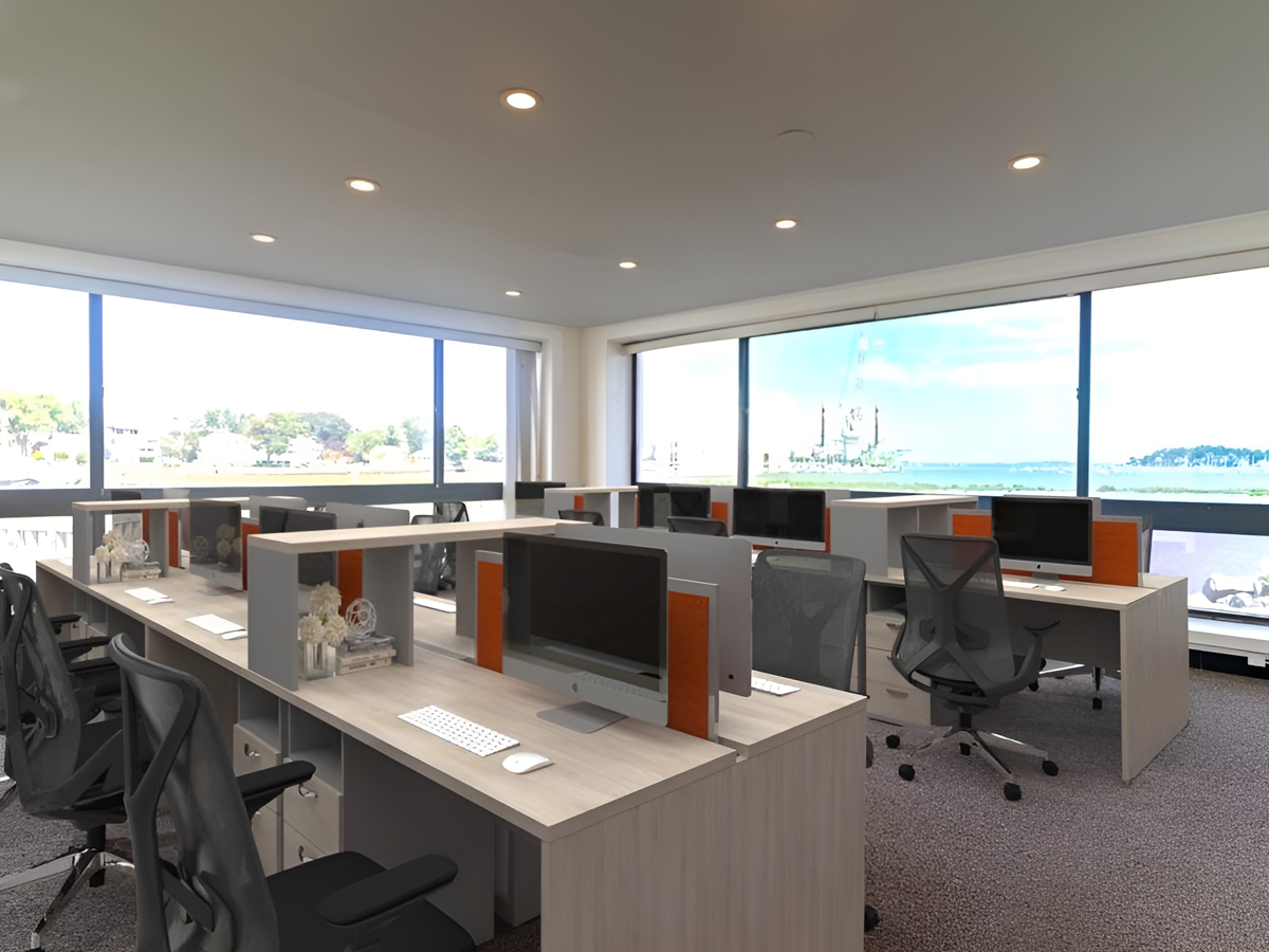 open office area staged with desks and chairs