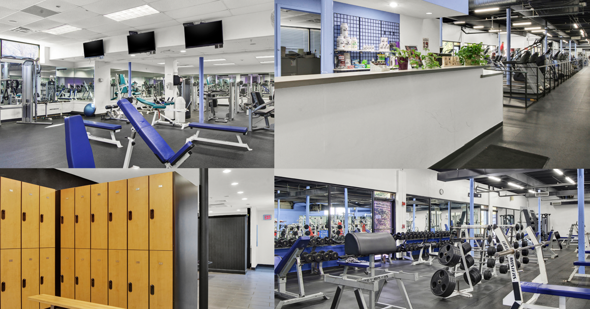 collage of photos of 38 Swampscott Road interior set up as a gym