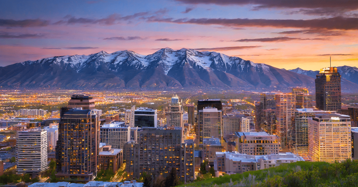 Salt Lake City, UT skyline with mountains in the background