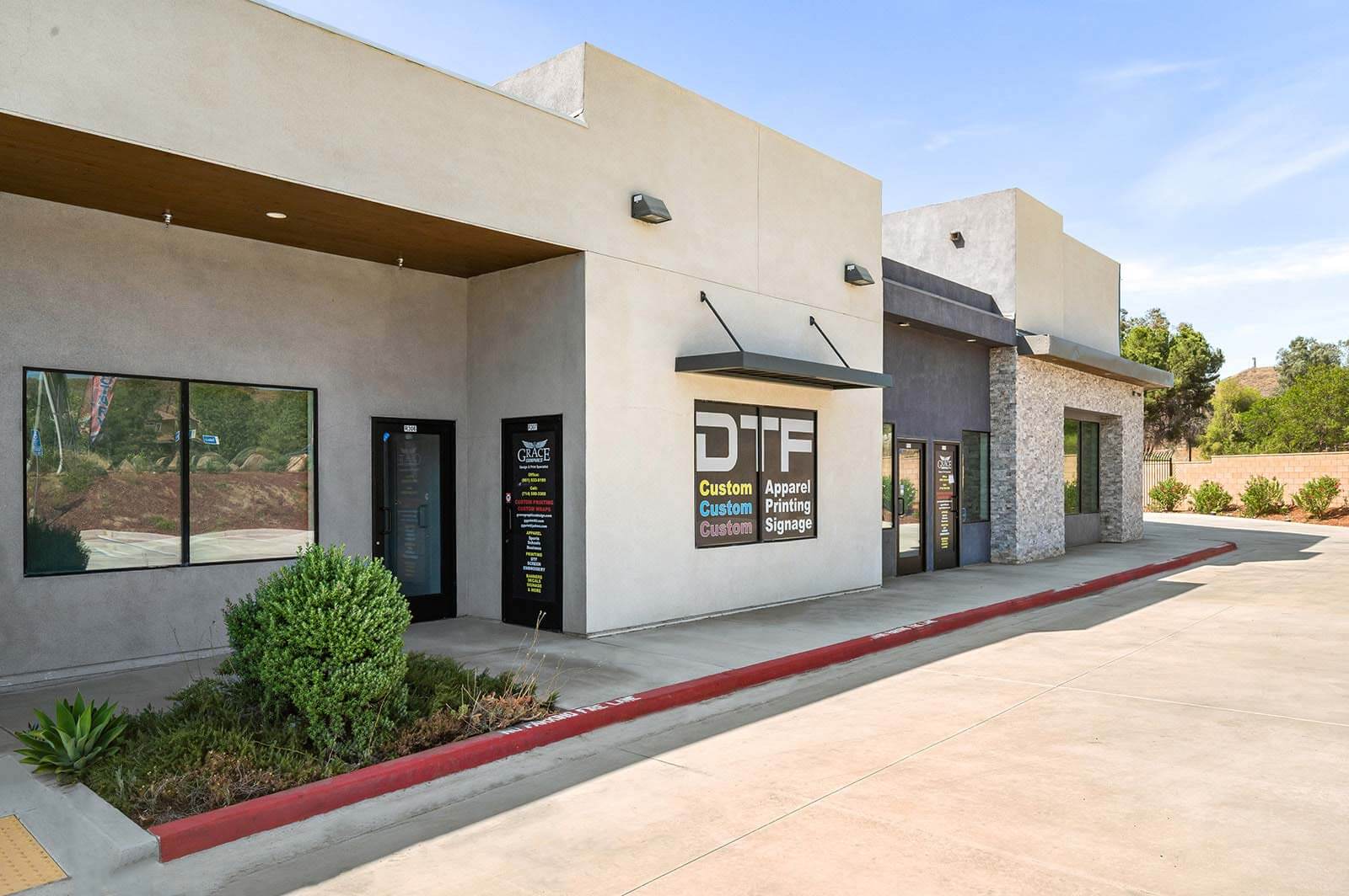 Exterior of a wide single-story retail space