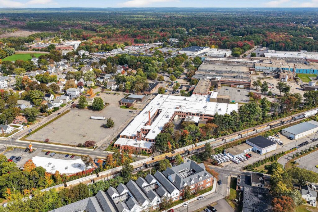 Aerial view of 34 Forest Street and its parking lot in Attleboro, MA