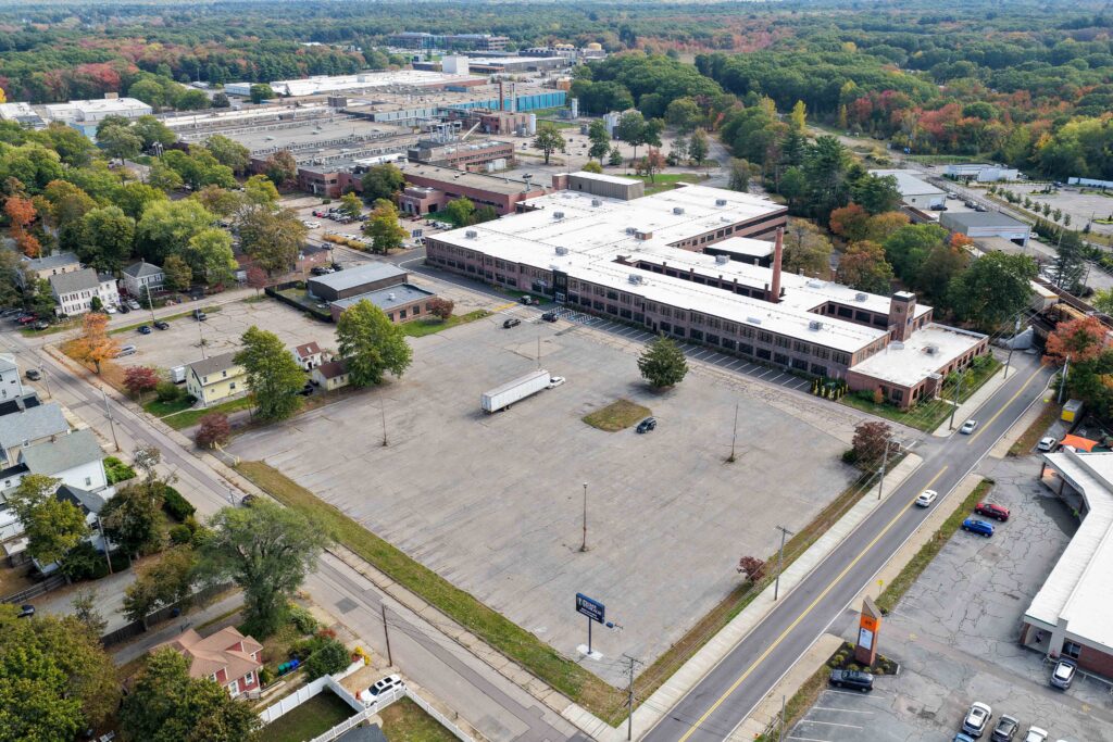 Aerial view of 34 Forest Street and its parking lot in Attleboro, MA