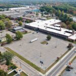 Aerial view of 34 Forest Street and its parking lot in Attleboro, MA